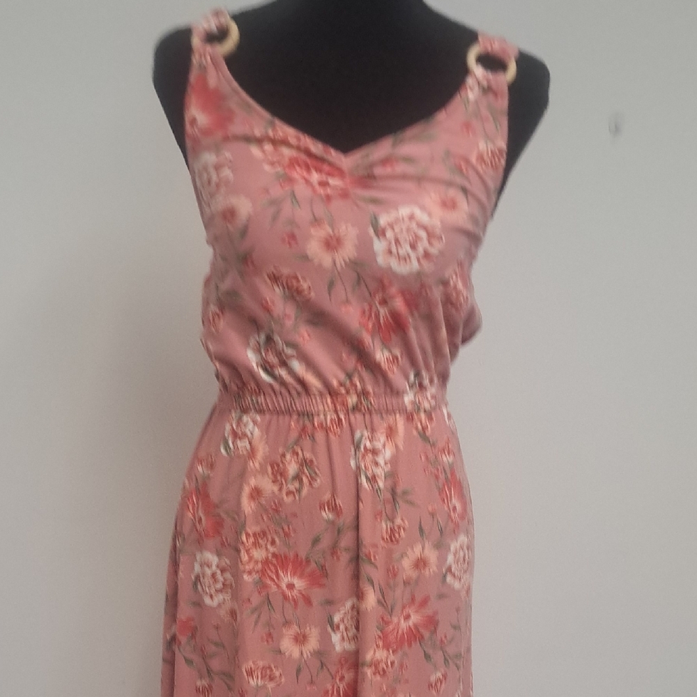 Derek Heart Pink Floral Midi Dress with Ring Straps
